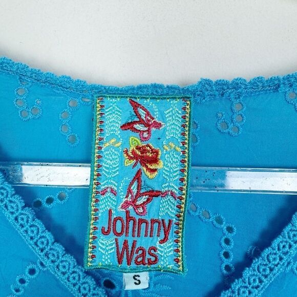 JOHNNY WAS | Bright Turquoise Blue Lasercut Embroidered Top Women’s Size Small - Picture 6 of 8